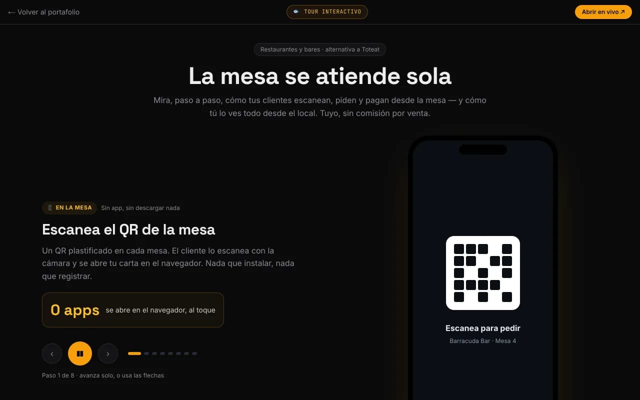 Vista real: Barracuda — pedido y pago en la mesa