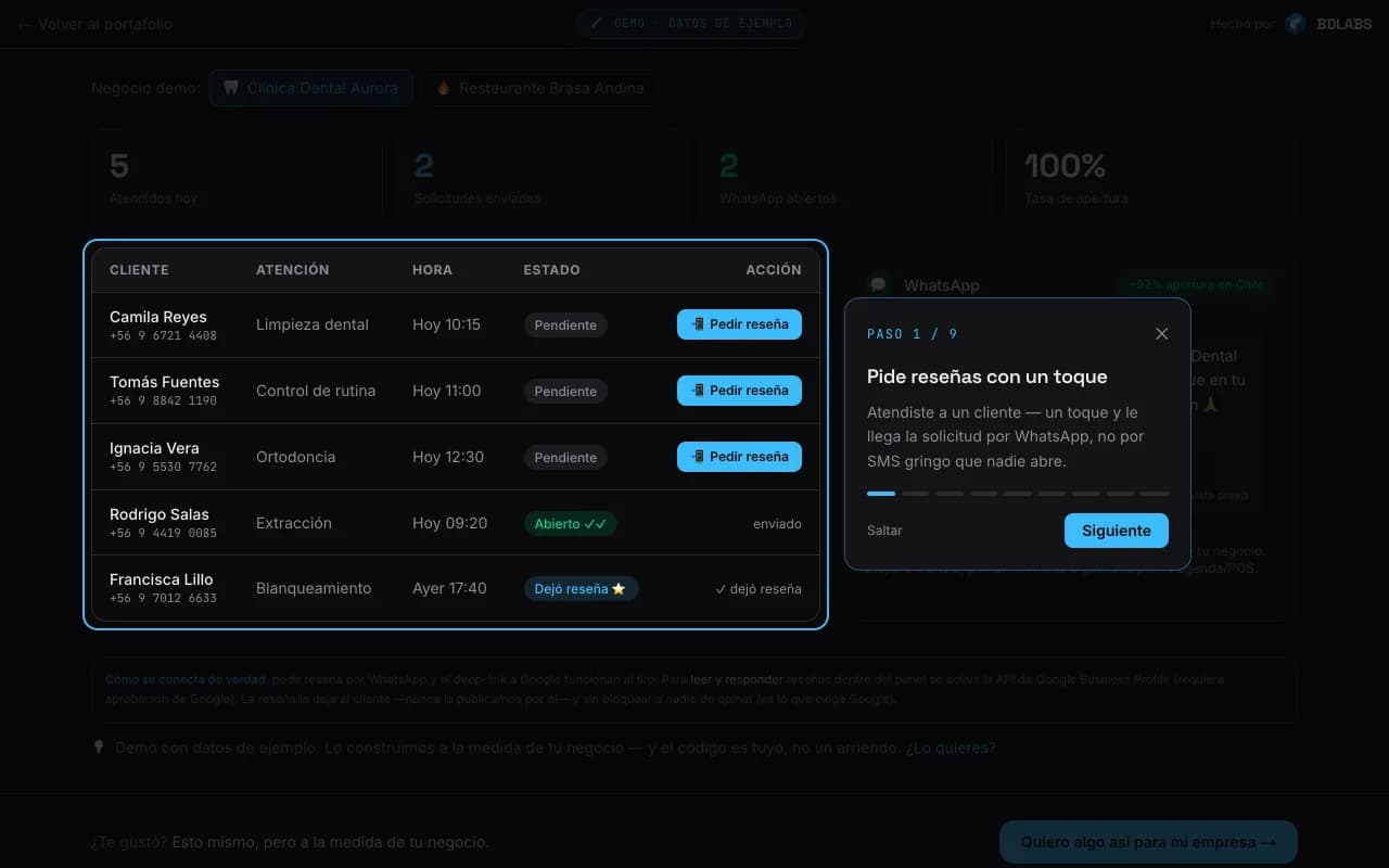 Vista real: Motor de reseñas