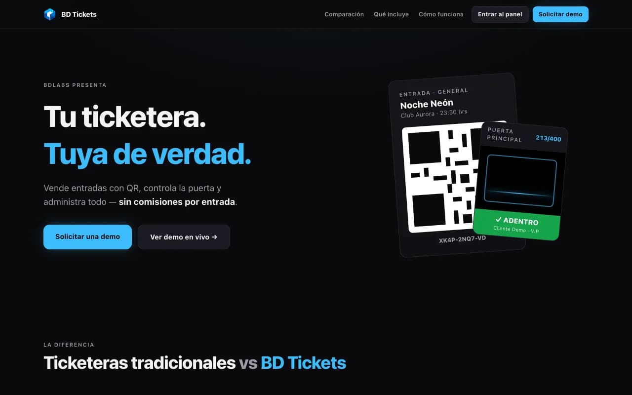 Vista real: BD Tickets — entradas con QR